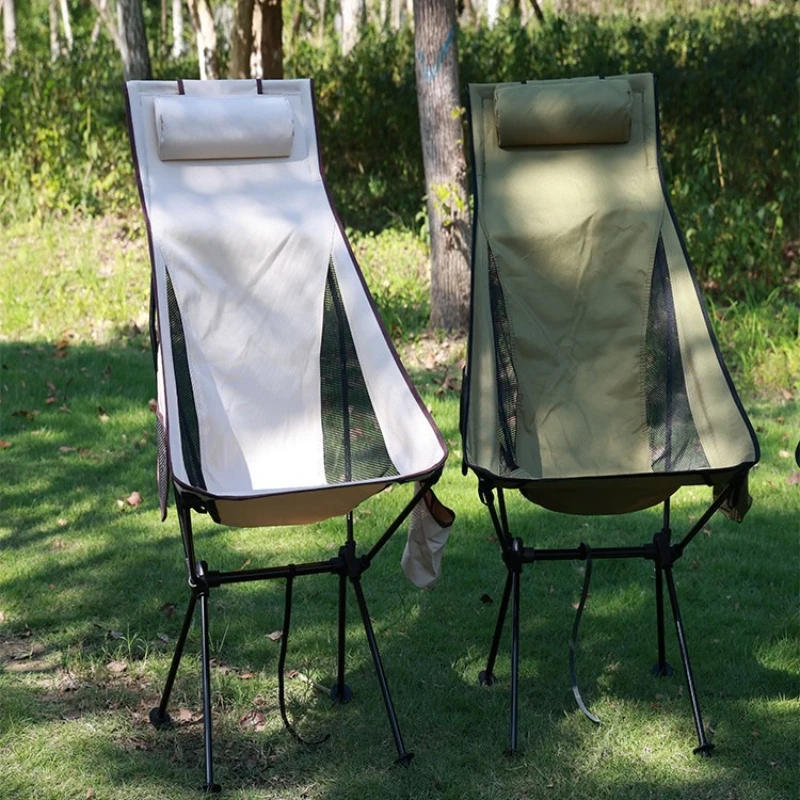 Tragbarer, zusammenklappbarer Campingstuhl, Hocker mit Kopfstütze, leichte Touristenstühle, Angeln, Strandhocker aus Aluminiumlegierung im Freien Image