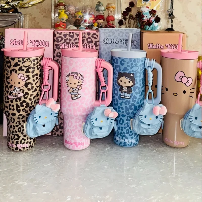 Sanrio echter Leopard Hello Kitty rund um die Big Mac Becher Stroh Edelstahl Becher Stern mit dem gleichen heißen Mädchen Geschenk Sport Image