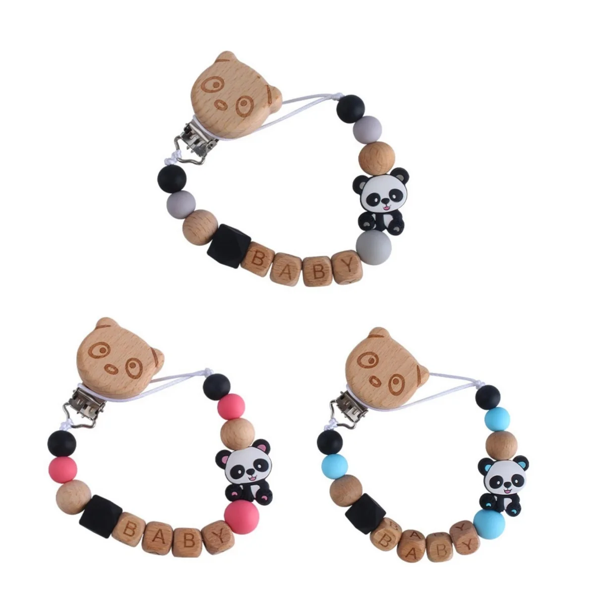 Handgemachte Buche Holz Baby Schnuller Kette Panda Silikon Perlen Säugling Beschwichtigen Schnuller Clips Anti-Drop Schnuller Halter Image