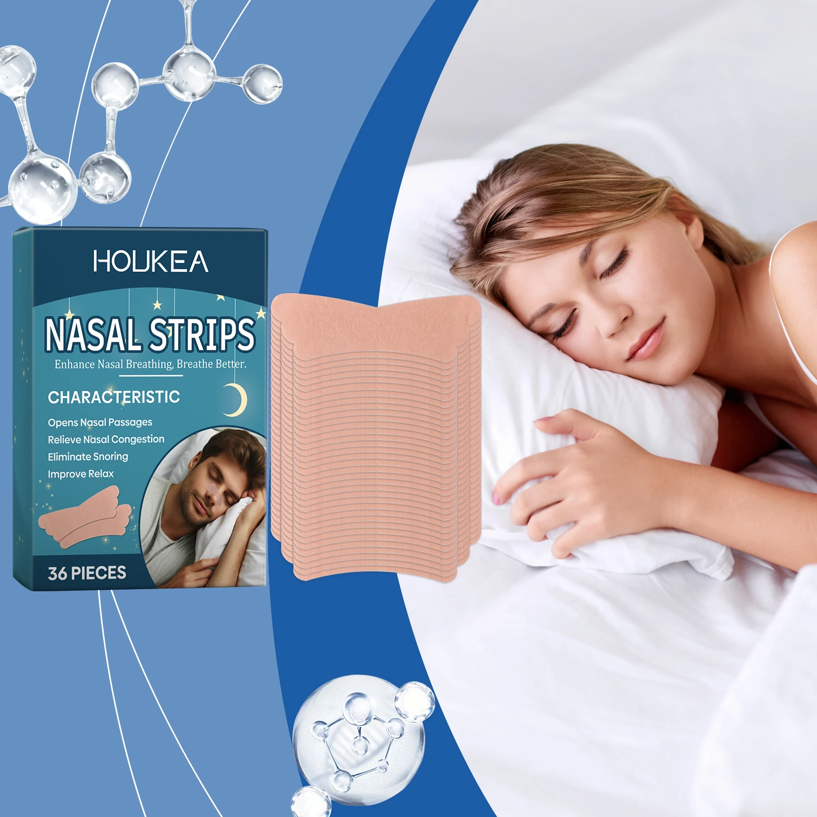 Komfort für den Nachtschlaf. Nasenpflaster lindern verstopfte Nase. Nasenatmung. Sanftes Design verbessert die Schlafqualität und reduziert Schnarchen Image