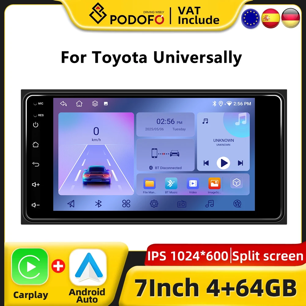 Podofo 7" CarPlay Android Radio For Toyota Universally Rav4 Prado Camry Terios Car Intelligent System 2din GPS Stereo Autoradio Image