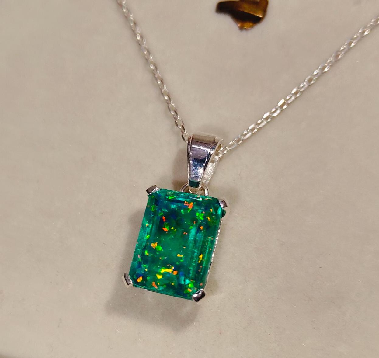 Collana con ciondolo in opale verde, collana in argento sterling 925, ciondolo in opale verde arcobaleno taglio ottagonale, collana in opale verde bel