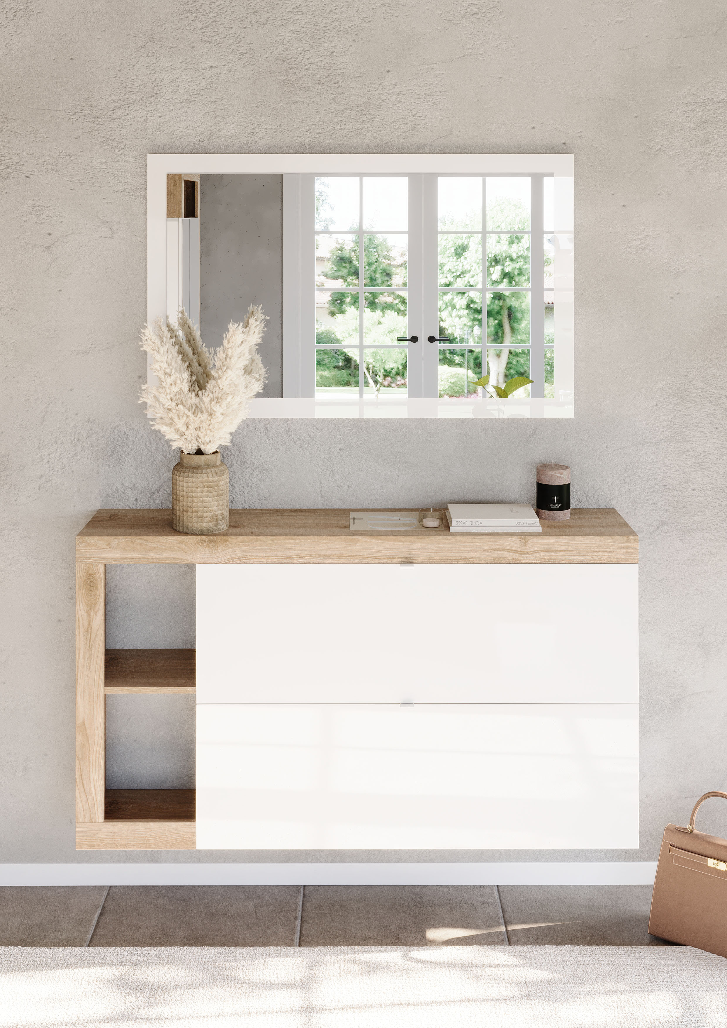 Schuhschrank INOSIGN "Hamburg Breite 138 cm, Schuhkipper, 2 Klappen, hängend o. stehend", weiß, eiche cadiz nb, B:138cm H:77cm T:28cm, Schränke, Schuhschrank, Schuhkommode schmal, dekorativer Rahmen- 2 Ablagefächer, Metallgriffe