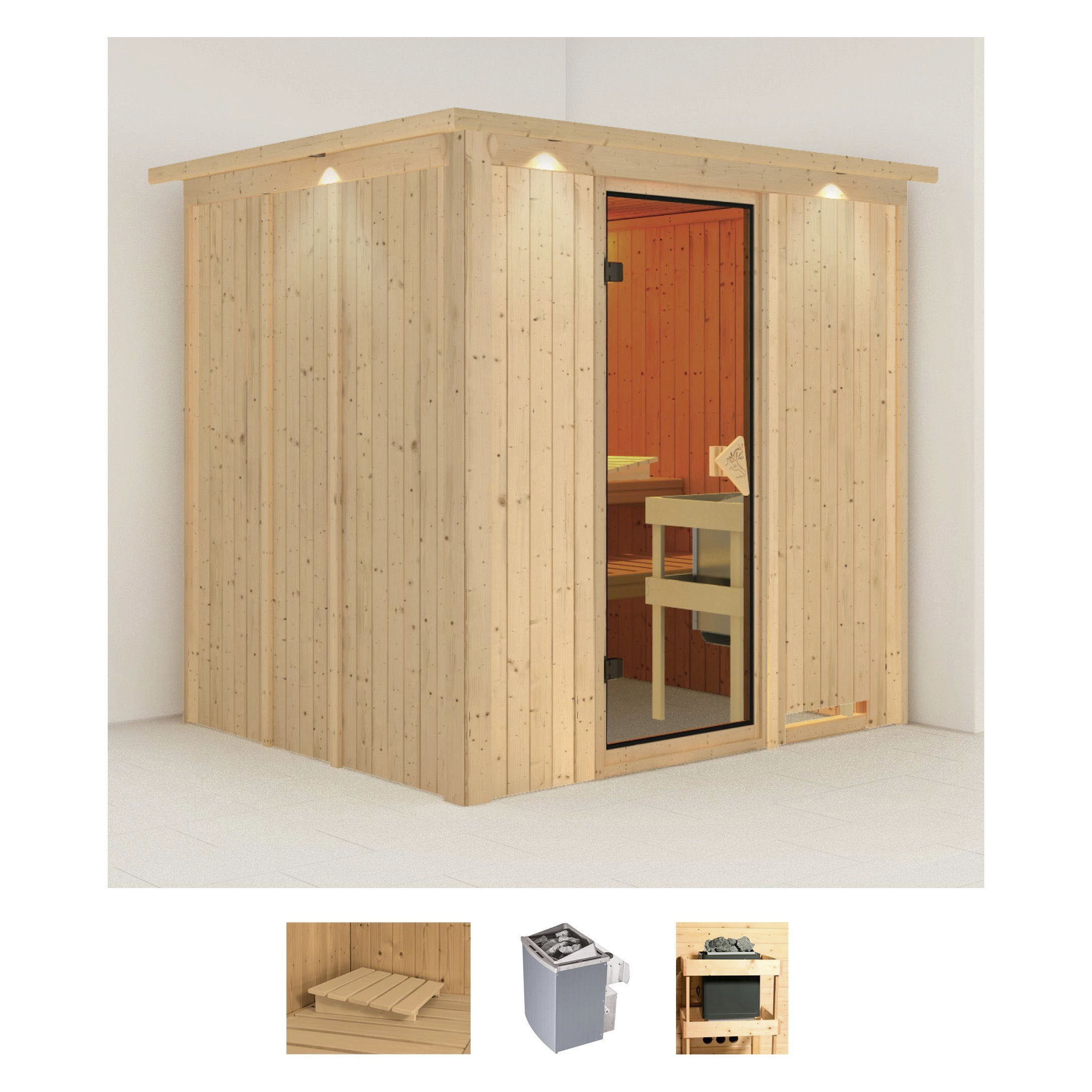 Sauna KARIBU "Sodin", beige (naturbelassen), Saunaofen, integrierte Steuerung, 9 kW, Saunen, 9 KW-Ofen mit integrierter Steuerung Image