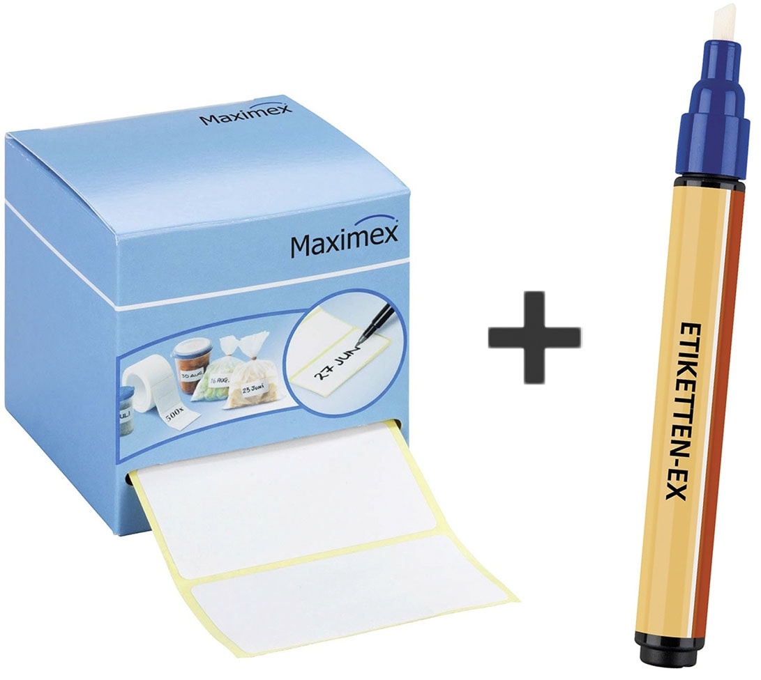 Etikettenrolle MAXIMEX "Etiketten-Ex und Haftetiketten", blau (blau, weiß), B:7 H:7 L:7, Etiketten, selbstklebend, zum Beschriften, mit Etikettenentfernungsstiften Image