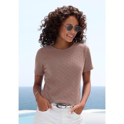 Kurzarmshirt VIVANCE "mit modischem Ajour-Muster", Damen, Gr. 32/34, grau (taupe), Feinstrick, Obermaterial: 60% Baumwolle, 40% Polyester, Ajourstrickmuster, feminin, figurumspielend, Rundhals, Kurzarm, Shirts, aus weicher Baumwoll-Qualität Image