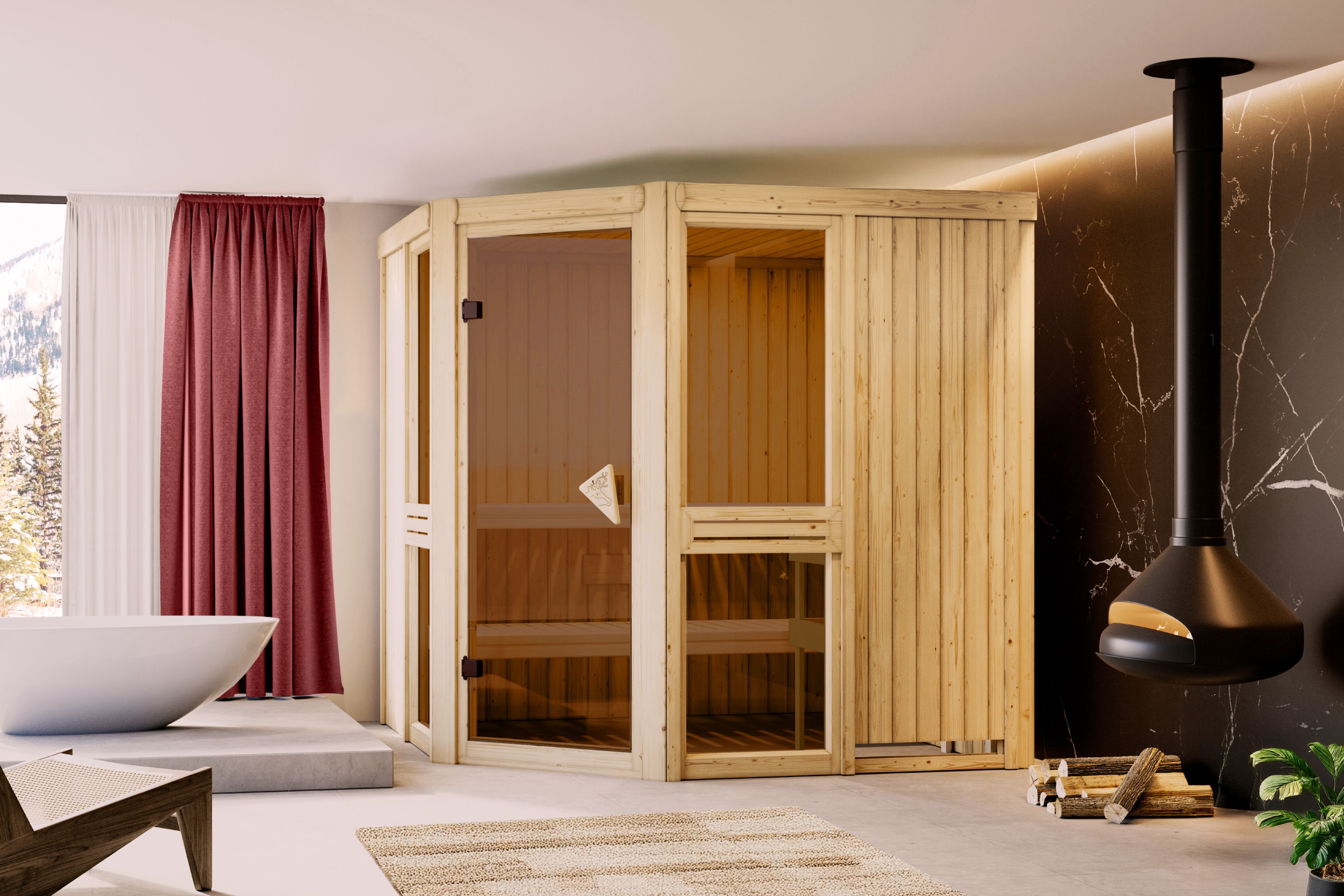 Sauna KARIBU "Agneta 2" naturbelassen", beige (naturbelassen), Saunaofen, externe Steuerung, 400 kW, Saunen, aus hochwertiger nordischer Fichte und 9 kW Ofen mit integr. Steuerung Image