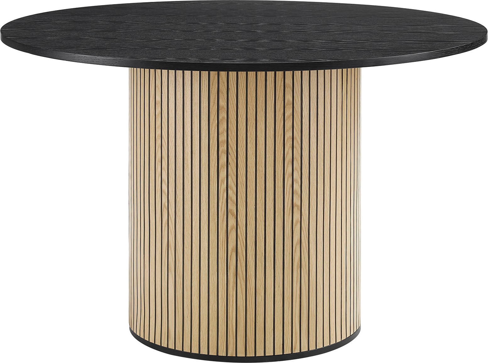 Esstisch SALESFEVER "Torsby Essplatztisch für Familien", schwarz (natur, schwarz, natur, schwarz), B:120cm H:75cm T:120cm, MDF, Eiche Echtholzfurnier, Metall, Tische, mit geriffeltem Sockel aus Eichenfurnier Image