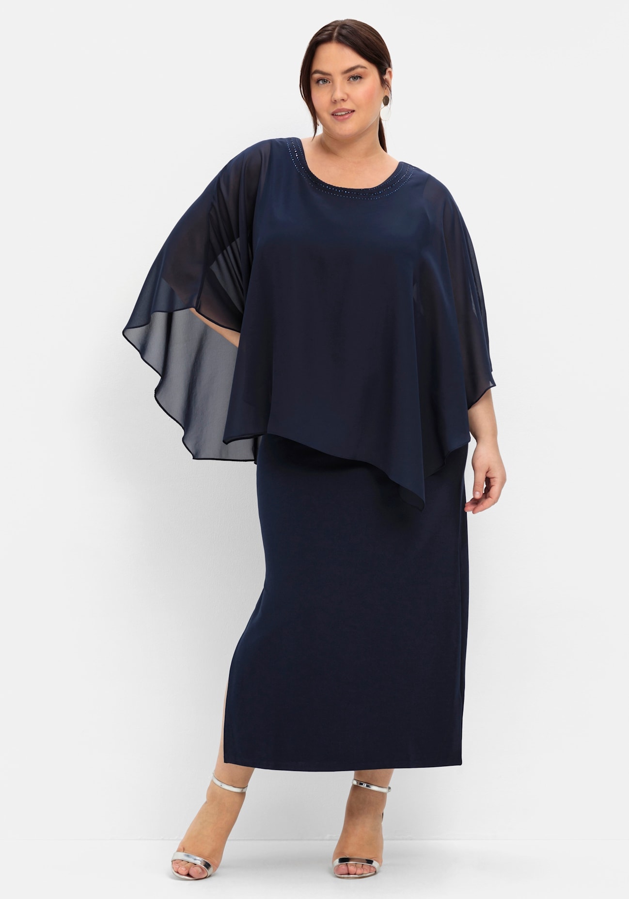 Abendkleid SHEEGO "Abendkleid", Damen, Gr. 46, Normalgrößen, blau (marine), 95% Polyester, 5% Elasthan, unifarben, lang, Rundhals, Kleider Image