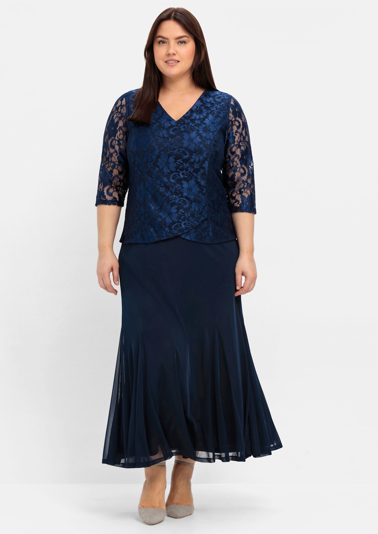 Abendkleid SHEEGO "Abendkleid", Damen, Gr. 48, Normalgrößen, blau (marine), 100% Polyester, unifarben, lang, V-Ausschnitt, Kleider Image