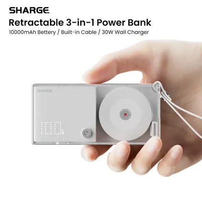 SHARGE 3-in-1 tragbare Powerbank 30 W USB-C-Ladegerät mit USB-C-Kabel 10.000 mAh AC-Stecker Max. Akku für iPhone 16/15 Galaxy