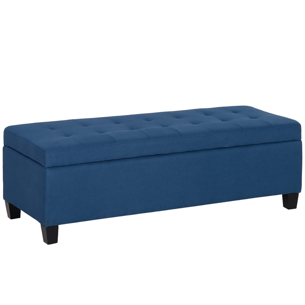 Banc de rangement siège capitonné tissu aspect lin pieds en bois bleu