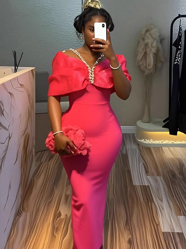 Sexy weg von der Schulter Diamanten Neckholder Verbandkleid Frauen Rose Rot Falten ärmellose figurbetonte lange Kleider Abendpartykleid