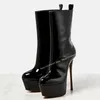 Schwarz Glitter Leder Mittlere Waden Stiefel Dünne High Heel Plattform Mode Sexy Cool 2025, Winter Große Größe Frau Schuhe Zapatillas Mujer
