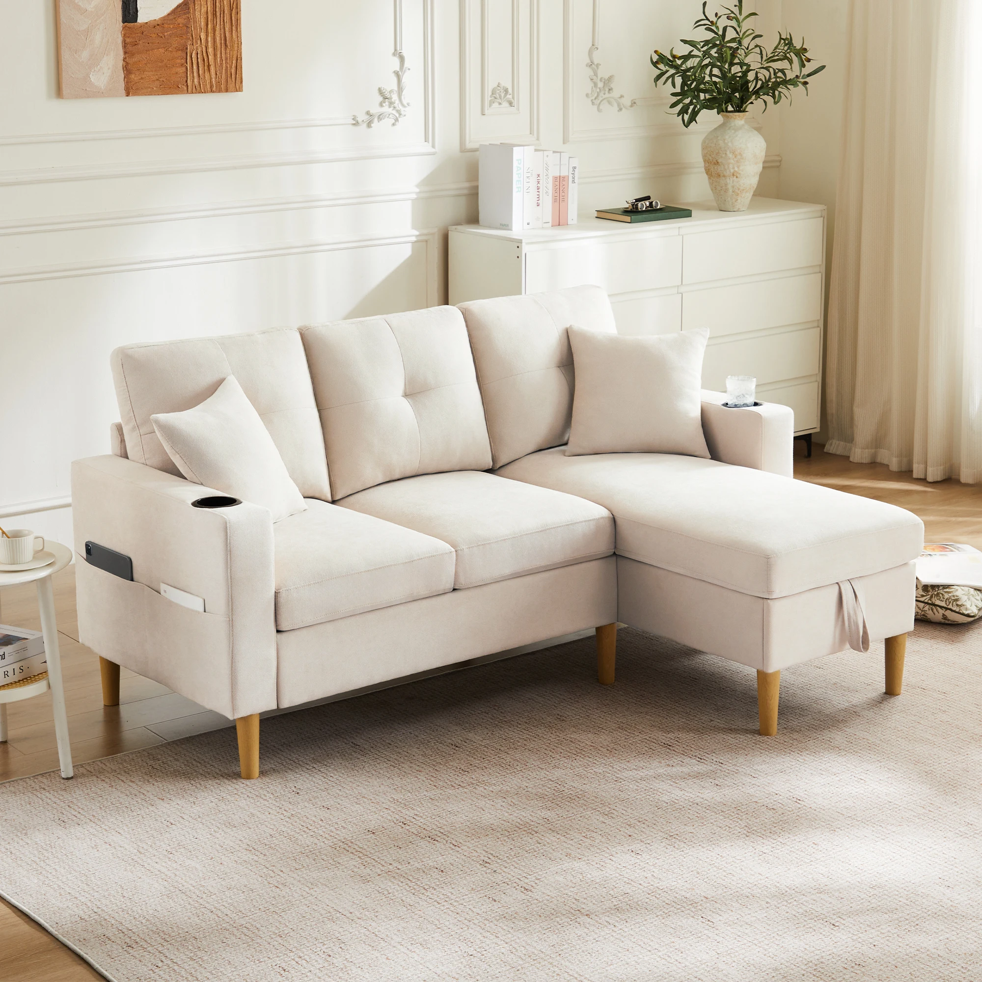 Ecksofa mit Chaiselongue,Stauraum und integriertem Getränkehalter,Relaxsofa mit 2 Kissen,3-Sitzer-Sofa für Wohnzimmer,Büro,Wohnung