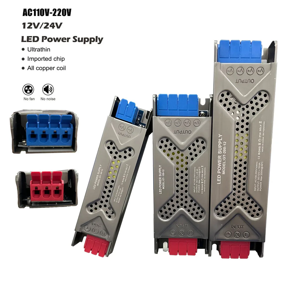 Ultradünne, praktische Link-Transformatoren, AC 110 V, 220 V auf 12 V, 24 V, 60 W, 100 W, 200 W, 300 W, 400 W, LED-Schalter, Netzteil-Adapter Image