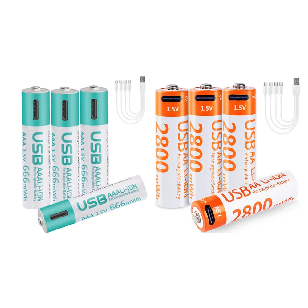 kuugro USB 1.5V AAA and AA Rechargeable Lithium ion Batteries 1.5V 2800mWh aa Li-ion Batteries+666mWh 1.5V aaa Li-ion Battery