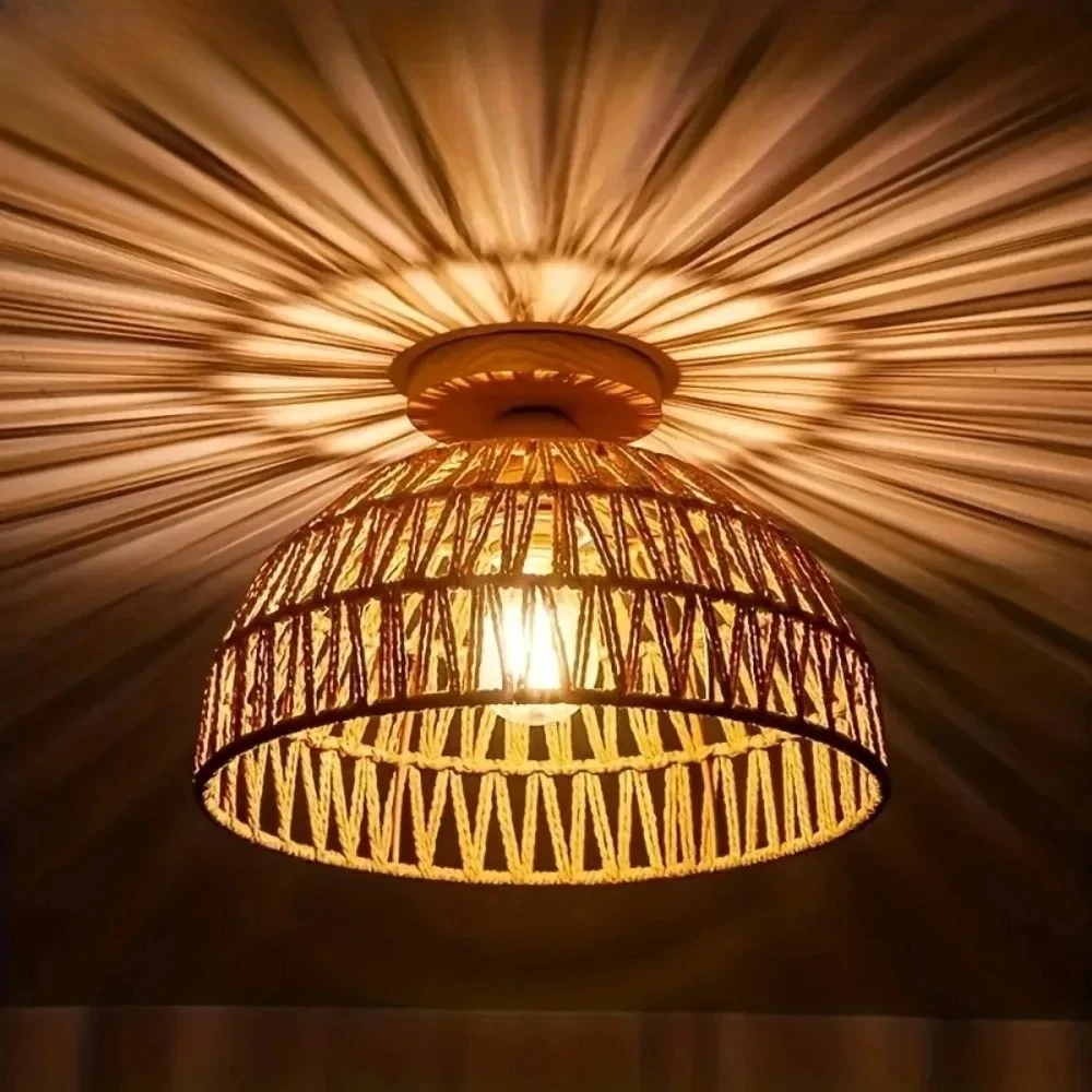 E27 Wabi-sabi natürliche handgewebte Korbgeflecht-Lampenschirm-Deckenleuchte für Restaurant, Teehaus, Wohnzimmer, Retro-Vintage-Deckenleuchten