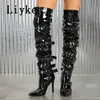 Liyke Sexy Party Club Stripper Oberschenkel Hohe Stiefel Frauen Schwarz Plissee Patent Leder Stiletto Heels Über Das Knie Schuhe Größe 35-42