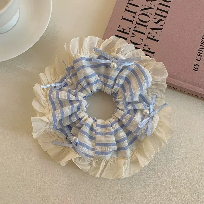 Neue Haargummis für Mädchen, süßer Stil, blau gestreift, gerüschte Schleife, Perle, Dickdarm-Haargummi, koreanischer Stil, Kawaii-Haarknoten, Haarband Image