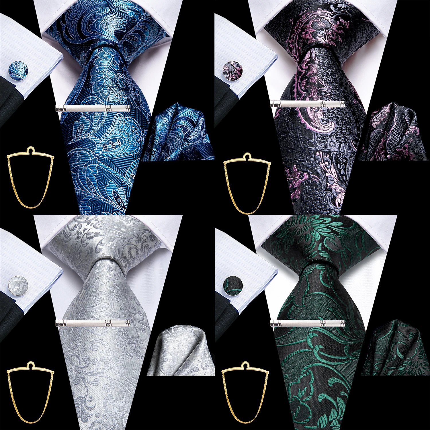 Hi-Tie Smart Business-Krawatten-Set für Herren, 5-teilig – Paisley-Krawatten, Taschentücher, Manschettenknöpfe, Anstecknadeln, Ketten Image