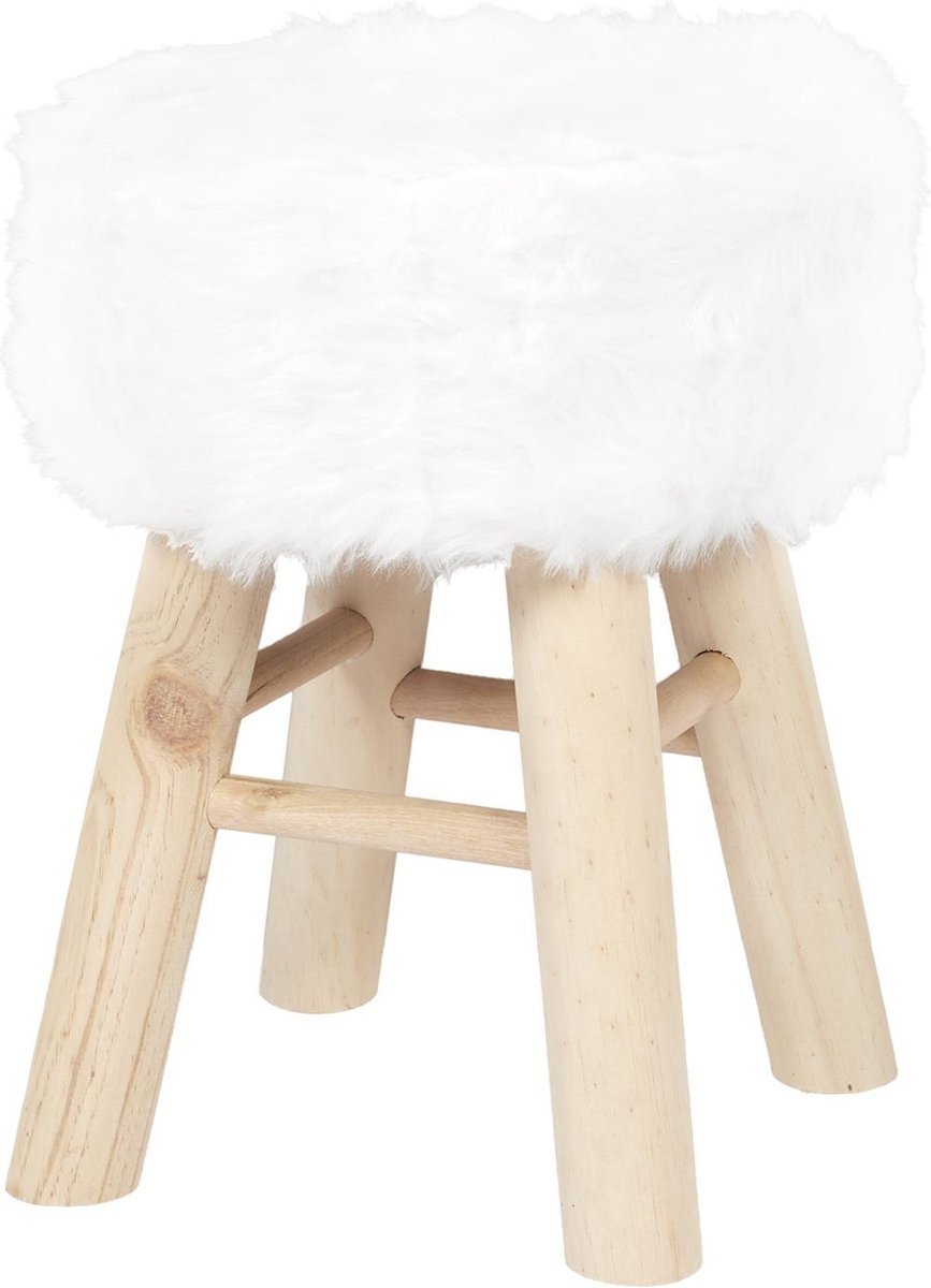 NATURN LIVING Plüschhocker - Ø 28 x 40 cm - Holzhocker weiß - Kunstfell - weiß Image