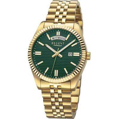Quarzuhr REGENT, goldfarben, grün, Armbanduhren, Herren, Armbanduhr, Herrenuhr, Edelstahlarmband, analog, Tag, Wochentag Image