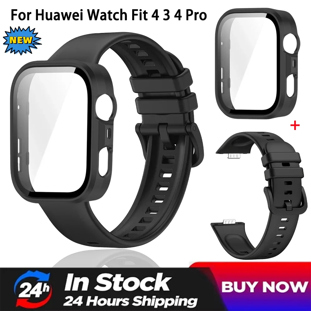 Silikonband + PC-Hülle für Huawei Watch Fit 4 3 HD-Armband aus gehärtetem Glas mit farbiger Schnalle, Huawei Watch Fit 4 Pro-Armband Image