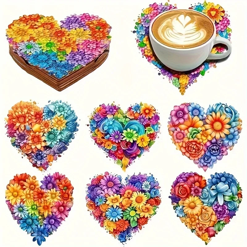 6 Stück 2D herzförmiger Holzuntersetzer, Farbdruck, rutschfest und verbrühungshemmend, Tischset, Küche, Getränke, Dekor, Café, Geschenke Image