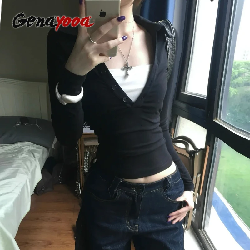 Genayooa American Retro Fake Two Pieces Tops Long Sleeve Skinny Y2k Japanese T-shirt Women Autumn 2000s Grunge Tops Tee E-girls