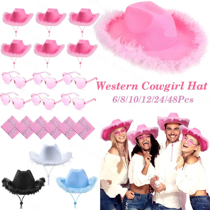 6–48 Set Cowboyhut, große Hochzeit, Junggesellenabschied, Hüte, breite Krempe, Feder, Western-Cowgirl-Hüte für Damen und Herren, Party-Kostüm-Kappen