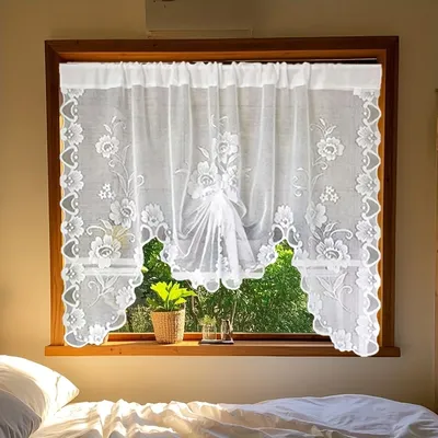 White Lace Arched Sheer Curtain Floral Embroidered Swag Curtain Valance Tier for Doorway Kitchen Bathroom Window, Rod Pocket Top