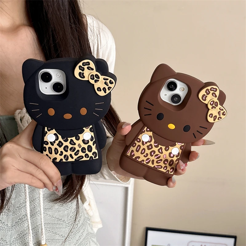 INS Hello Kitty Leopardenmuster Handyhülle für iPhone 17 Pro 17 16 15 14 13 12 Pro Max Schleife Kitty Cartoon Silikon Handyhülle Image