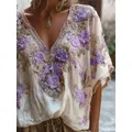 T-shirt da pendolare allentate a maniche corte casual Camicetta da pendolare jacquard con scollo a V estivo Top pullover floreali con ricamo in pizzo moda