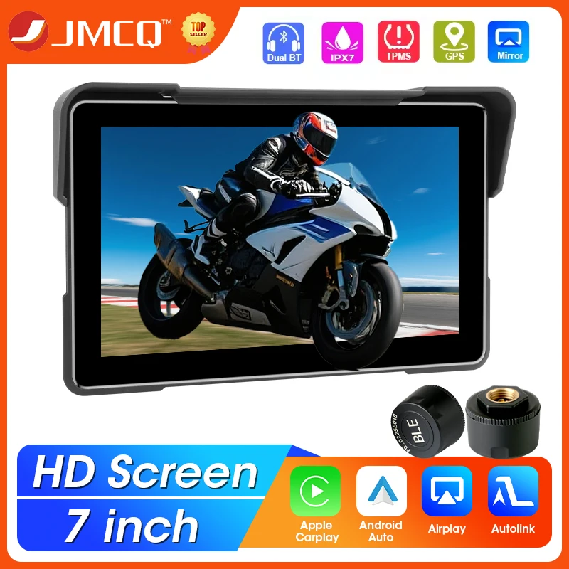 JMCQ Tragbarer 7-Zoll-IP67-wasserdichter Motorrad-GPS-Navigation Drahtloses Carplay Android Auto Display WIFI BT Motorradmonitor Image