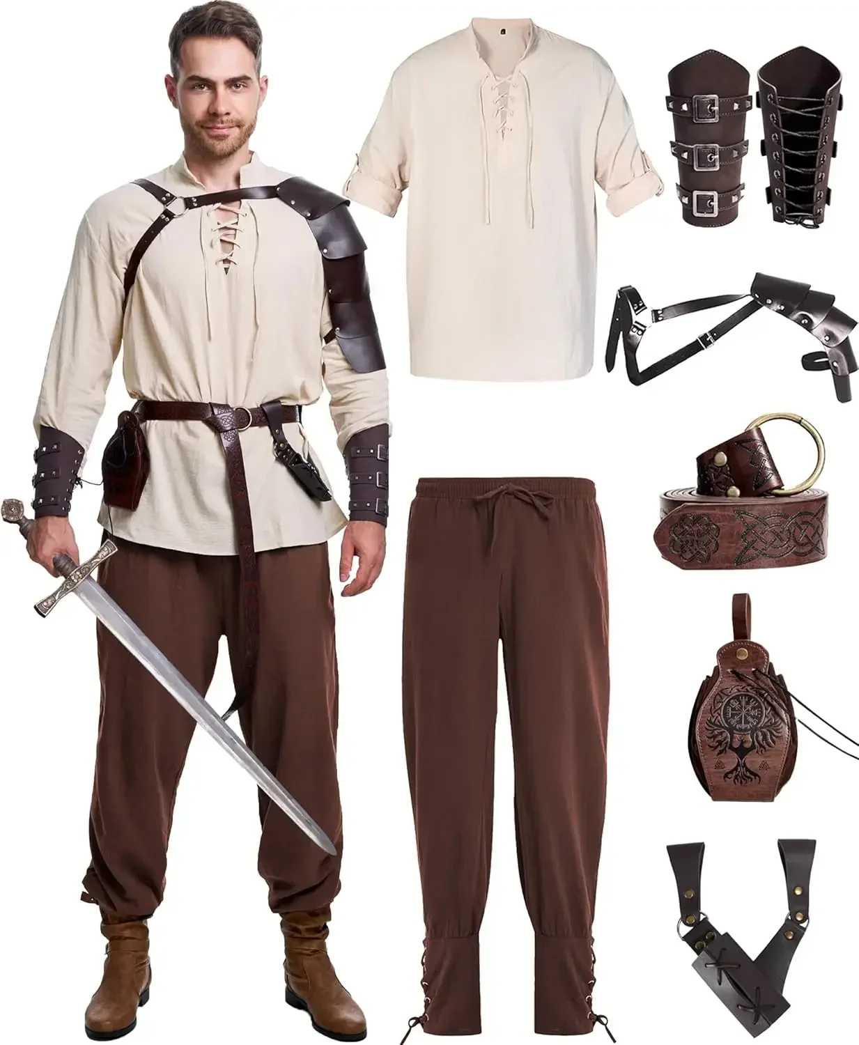 8-teiliges Renaissance-Kostüm-Set für Herren, Halloween, mittelalterliches Piratenhemd, Hose, Wikinger-Kostüm, Zubehör-Set Image