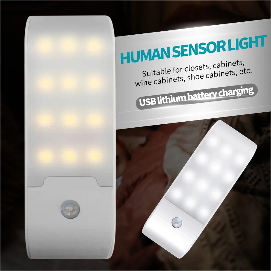 Wiederaufladbares Nachtlicht mit Bewegungsmelder, LED-Lampe für Flur, Badezimmer, Schrank, Küche unter dem Schrank, 12 LEDs, hohe Helligkeit