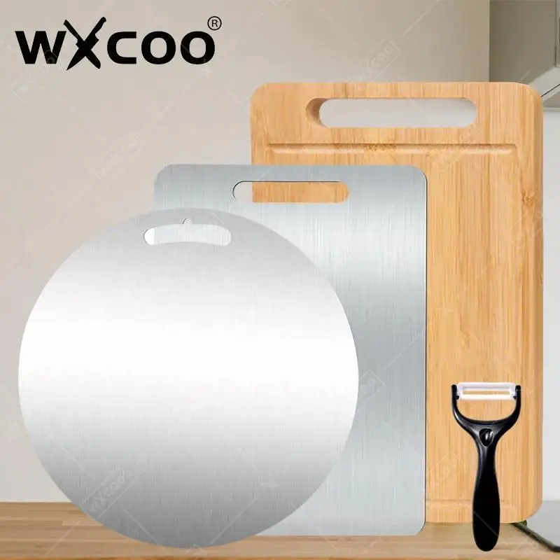 WXCOO Küchenschneidebrett, doppelseitiges Schneidebrett für Gemüse, Obst, Fleisch, natürliches Bambus- oder Edelstahl-Schneidebrett Image