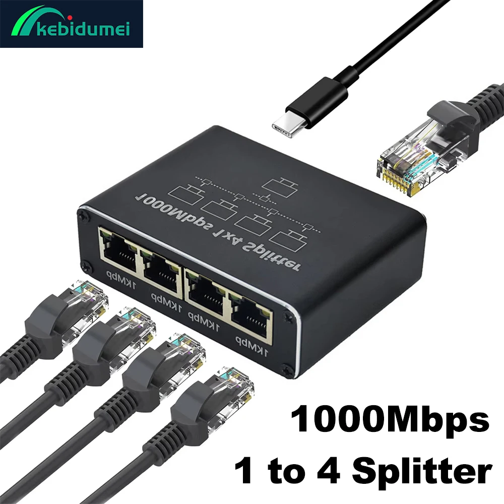 Kebidumei Gigabit Ethernet Splitter da 1 a 2/3/4, 1000Mbps RJ45 LAN Internet Splitter per Hub/Switch/Router/Set-Top Box/TV Digitale