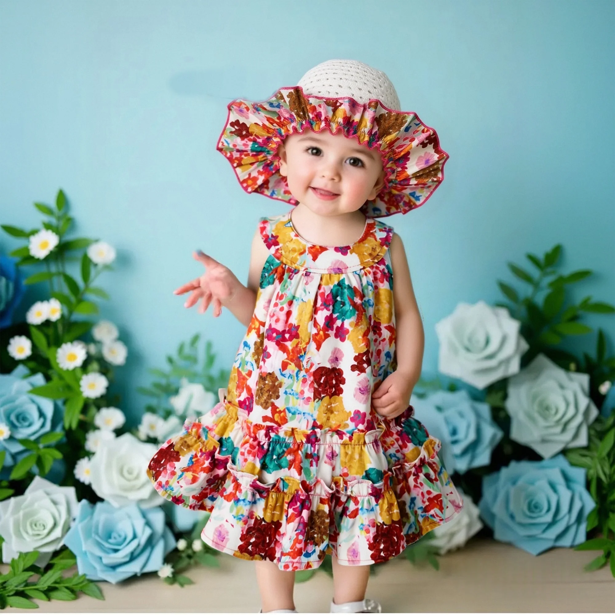 Strand Party Sommer Neue Baby Mädchen Kleid, Bunte Blume Kinder Ärmellose Kleidung Mit Gratis Hut (6 Monate -3 Jahre alt) Image