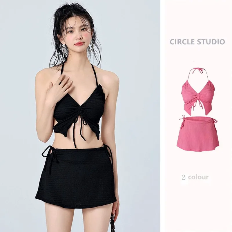 Urlaub Strand Ins Rose Rot Bikini Dreiteiliger Badeanzug Damen Kleine Brust Internet Berühmter Badeanzug Schmetterling Sexy Spicy Girl Image