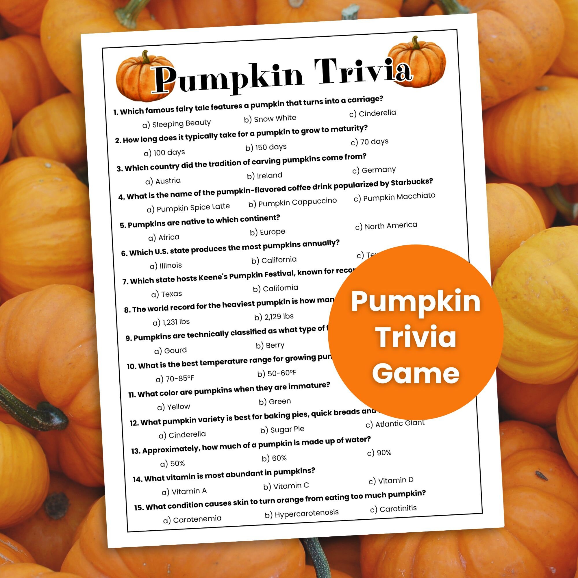 Gioco a quiz sulla zucca, gioco a quiz autunnale, gioco del Ringraziamento, gioco a quiz autunnale, serata di giochi in famiglia, gioco per anziani, g