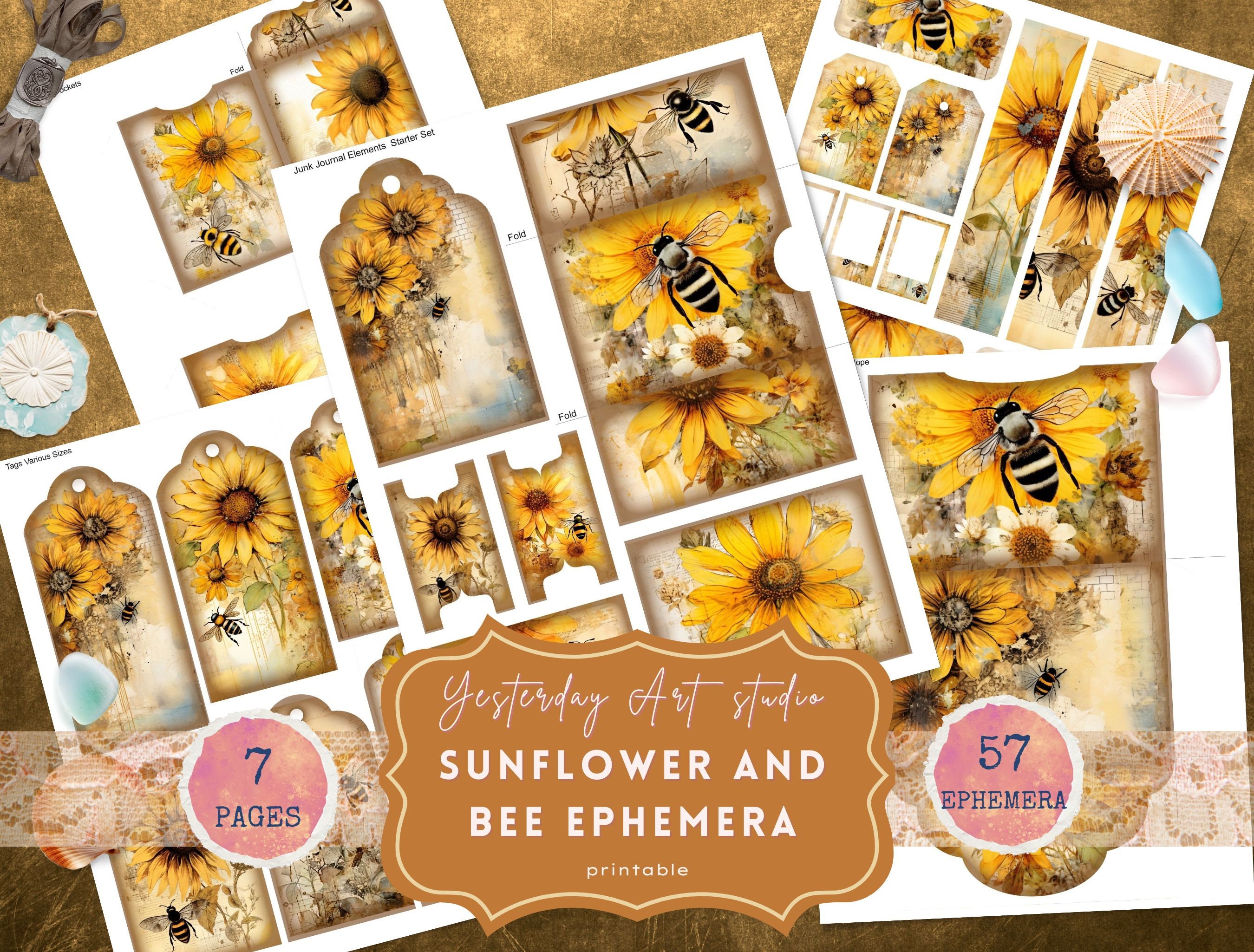Girasole e ape Ephemera Junk Journal Kit Honey Bee Vintage DIY Junk Journal Kit Inserto digitale Ephemera Pack Scrapbooking Carta botanica