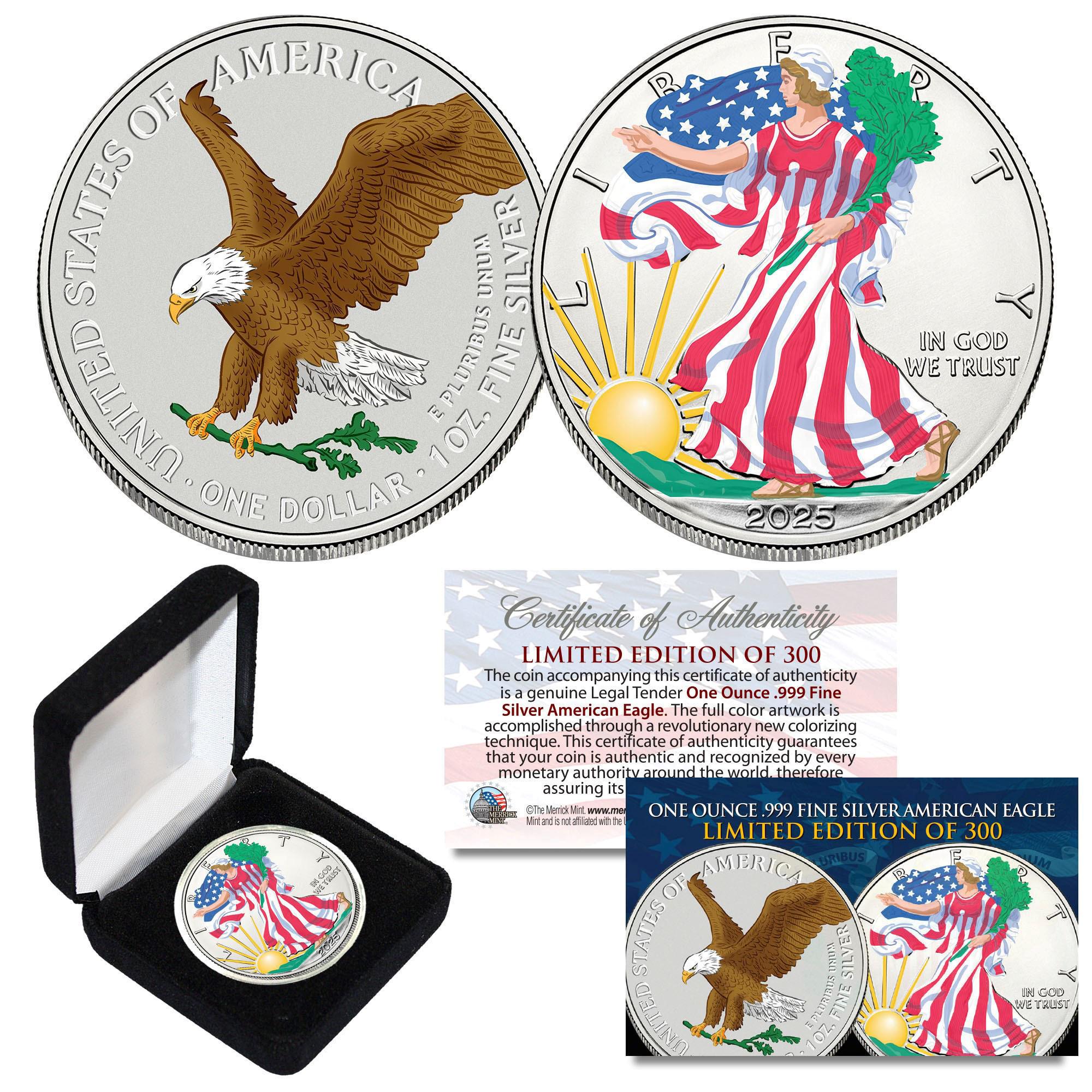 Moneta American Silver Eagle da 1 oz, 2025, colorata, a due lati, in argento 999, con scatola