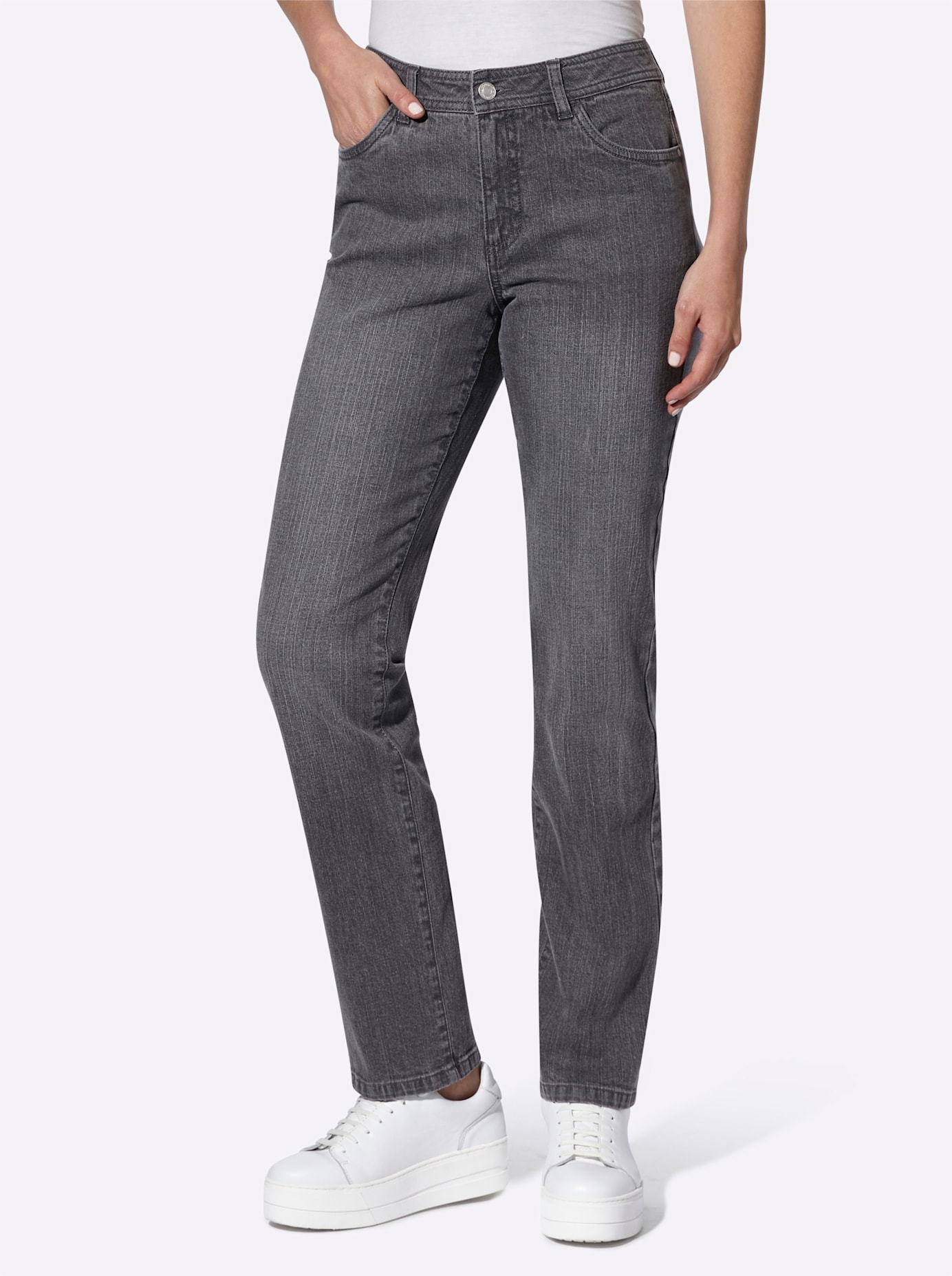 5-Pocket-Jeans CASUAL LOOKS, Damen, Gr. 19, Kurzgrößen, grau (grau, denim), 99% Baumwolle, 1% Elasthan, unifarben, lang, Jeans 5-Pocket-Jeans