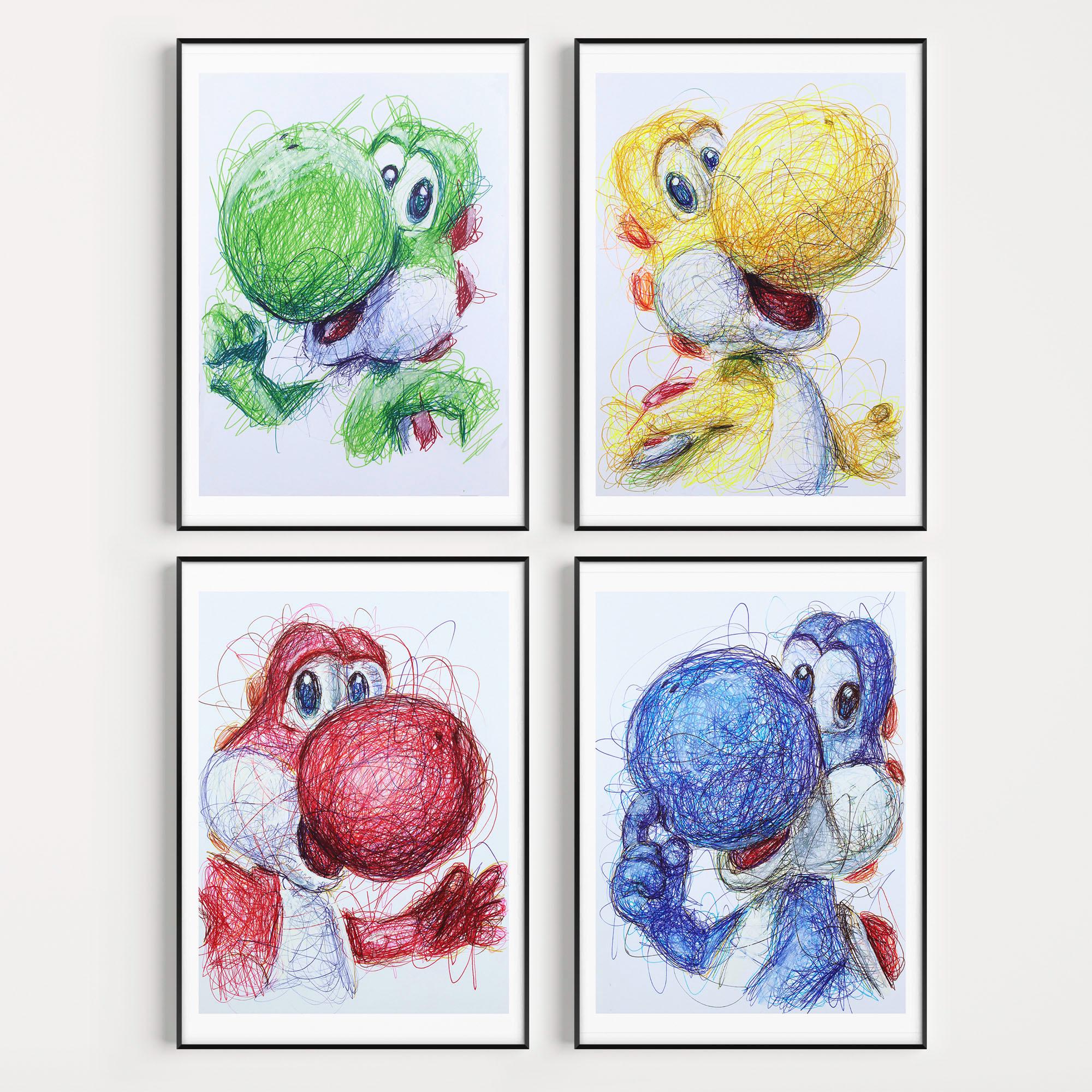 Set di colori primari di Yoshi, arte con penna a sfera, opere d'arte di Yoshi's Island, arte di videogiochi, stampe di Super Mario World, opere d'arte
