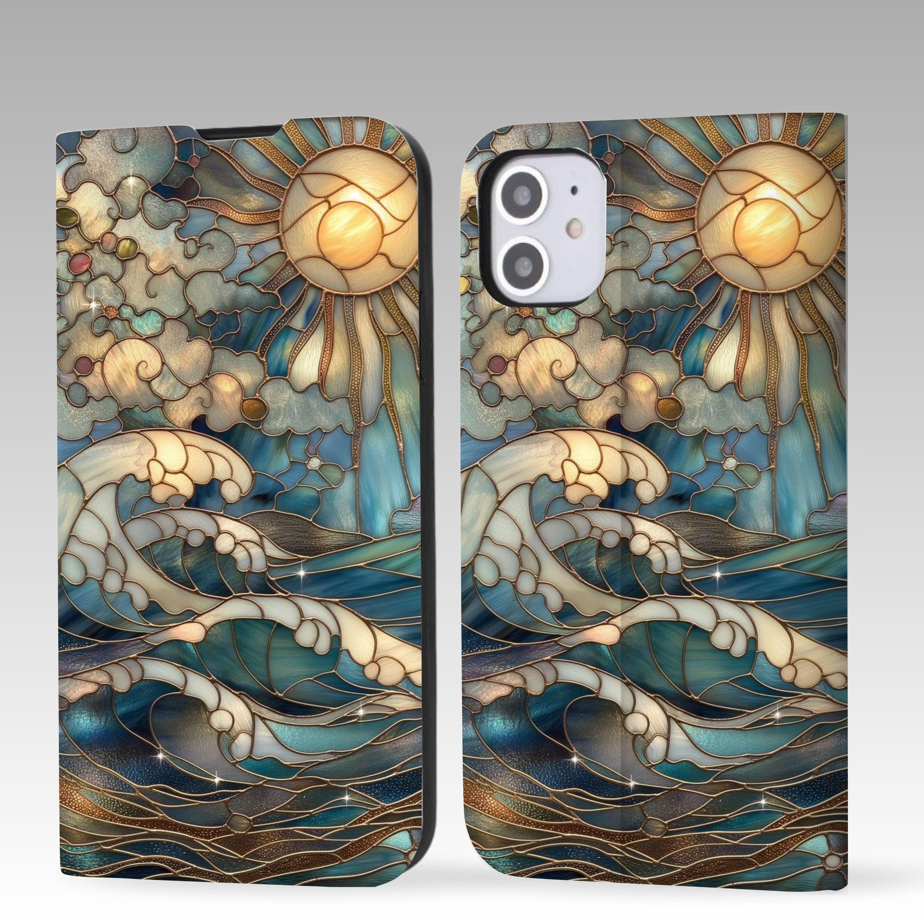 Custodia a portafoglio in vetro colorato con onde oceaniche per iPhone 17 16 Pro Max, iPhone 17 16 15 14 13 12, iPhone Pro Max, iPhone Pro, iPhone Air