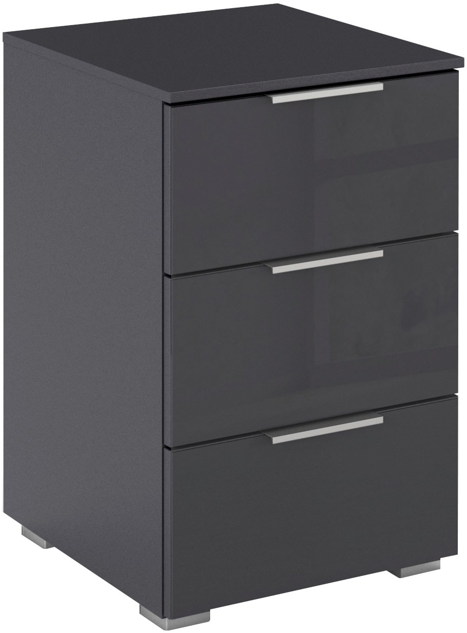 Nachtkommode RAUCH "Nachttisch Nachtschrank Nachtkonsole AGORDO mit Glasfront", grau (graumetallic, glas basalt), B:40cm H:61cm T:42cm, Holzwerkstoff, Sideboards, mit 3 geräumigen Schubladen für viel Stauraum MADE IN GERMANY