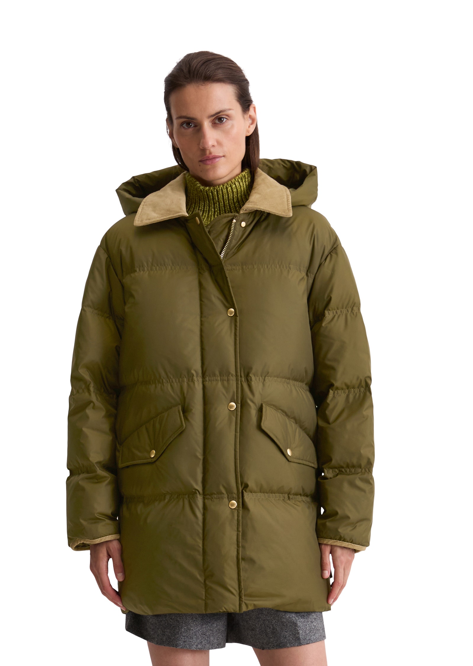 Outdoorjacke MARC O'POLO "aus recyceltem Polyester", Damen, Gr. 34, grün (mossy olive), Obermaterial: 100% Polyester; Füllung: 80% Daune, 20% Feder, unifarben, regular fit, paspeliert, Jacken Outdoorjacke