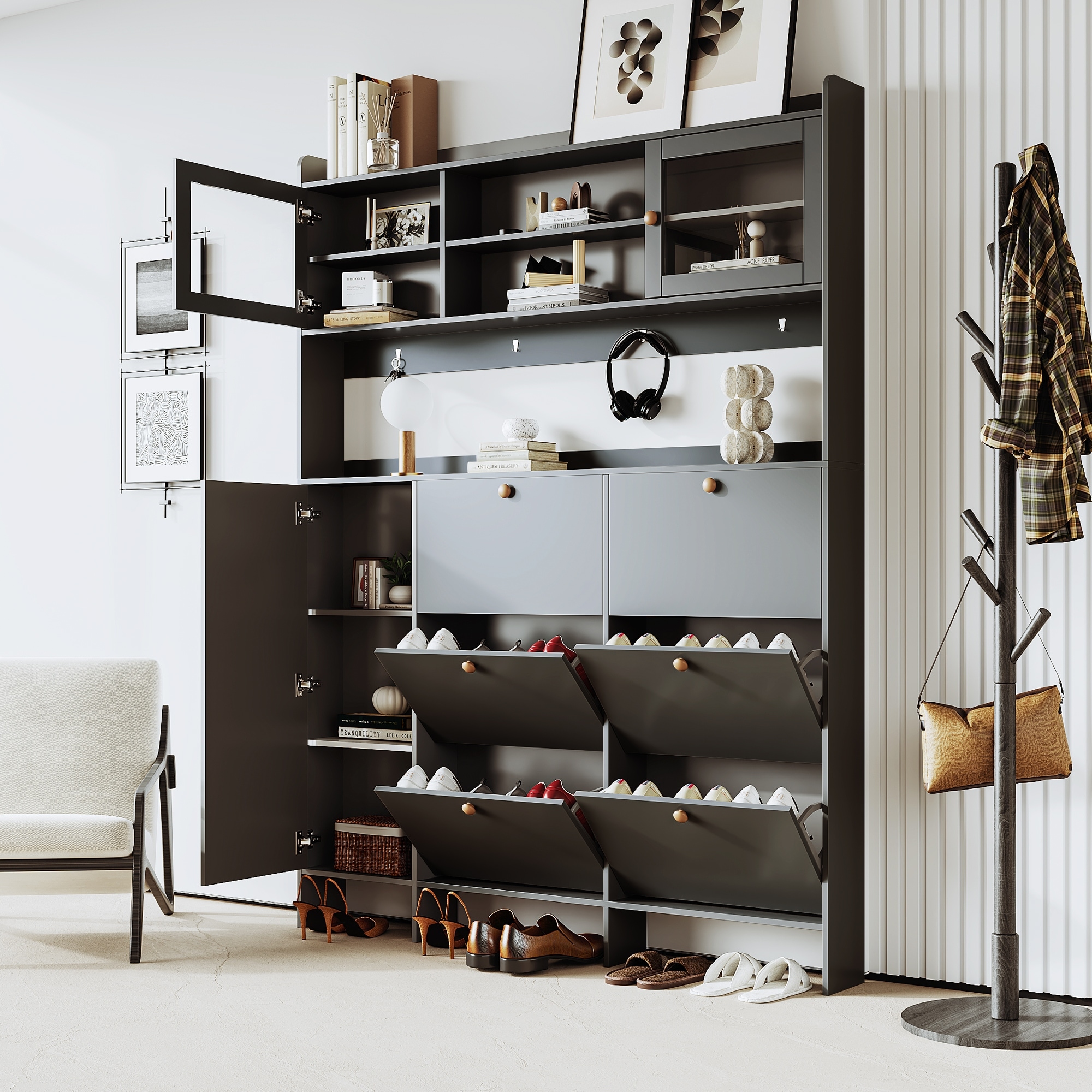 Multifunctional Shoe Cabinet, Hall Tree with 6 Flip Drawers & Storage Shelf, Shoe Rack with Tempered Glass Doors & 4 Hooks